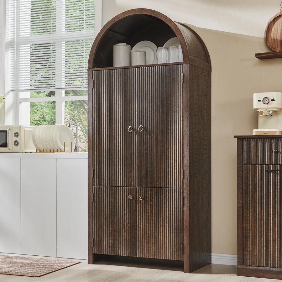 71" Tall Arched Kitchen Pantry, Modern Fluted Wood Storage Cabinet with Doors, 3 Adjustable Shelves, 6 Door Shelves, Organizer, Versatile Cupboard for Kitchen, Bathroom, Brown added by Blanca Martinez