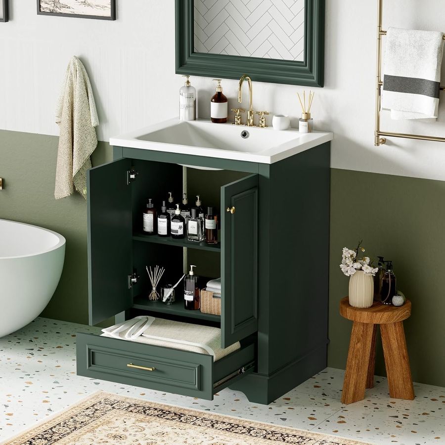 Merax 24-Inch Bathroom Vanity with Resin Sink, Solid Wood Frame Modern Storage Cabinet with Drawers, Shelf, Soft Close Door for Small Bathrooms, Green added by Britnee Marks