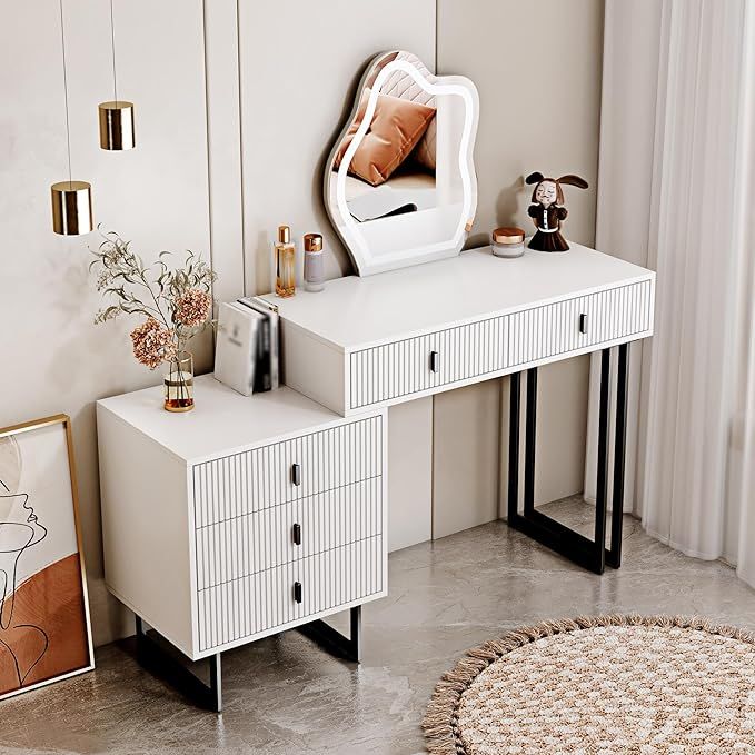 leejdn White Vanity Desk with 3-Color Touch Screen Lighted Mirror, 5 Drawers, Makeup Vanity Table Set with LightsDressing Table for Women Girls added by Sarah Jackson
