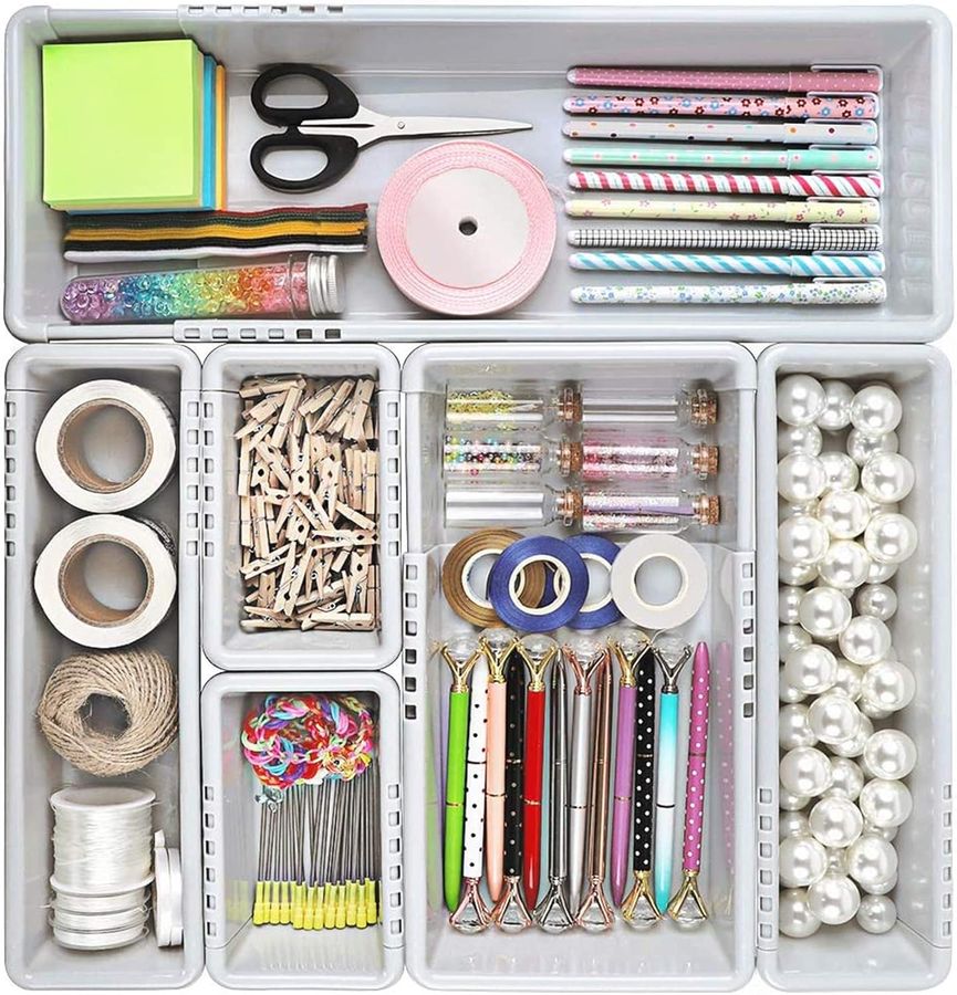 Mebbay Expandable Drawer Organizer Grey Plastic Makeup Junk Drawer Organizer for Bathroom Office Kitchen (6) added by Rachel Fedorov