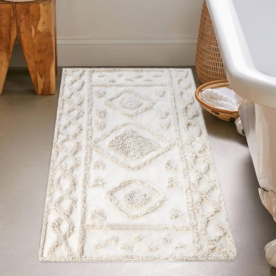 AGELMAT Boho Bathroom Rug 2x3, Tufted Small Cotton Area Rug Washable Woven Geometry Throw Carpet Farmhouse Entryway Rugs Bath Mat for Kitchen Doorway Porch Bedroom Laundry Beige added by KATHERINE ECK