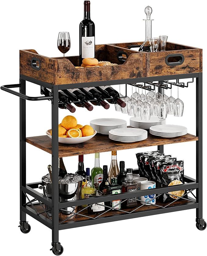IDEALHOUSE 3 Tier Bar Carts for The Home, Rustic Brown Bar Cart with Wheels, Two Portable Trays, Wine Rack, Glasses Holder, Industrial Serving Cart for Kichen, Living Room, Dining Room added by Nomadic Nooks