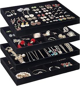 UIUIX Stackable Velvet Jewelry Trays Organizer for Drawer, Velvet Jewelry Storage Display Trays, Earring Necklace Bracelet Ring Organizer, Set of 4 (Black) added by Alexina Salinas