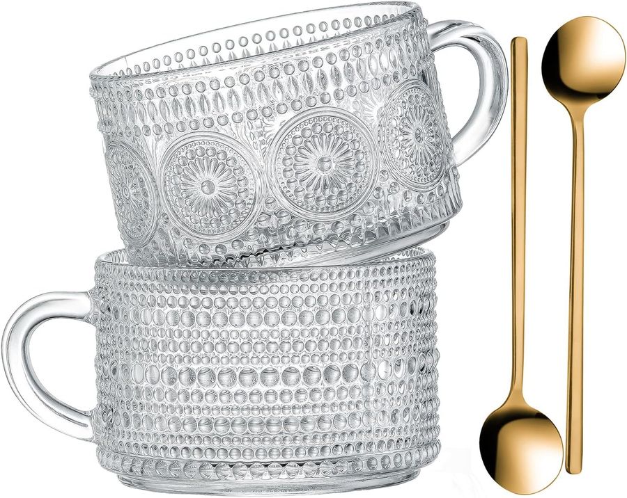 Gezzeny Vintage Glass Coffee Mugs 14 Oz Set of 2 Clear Embossed Tea Cups, Glass Coffee Cups for Cappuccino, Latte, Cereal, Yogurt, Beverage Christmas Thanksgiving Gifts added by Nomadic Nooks