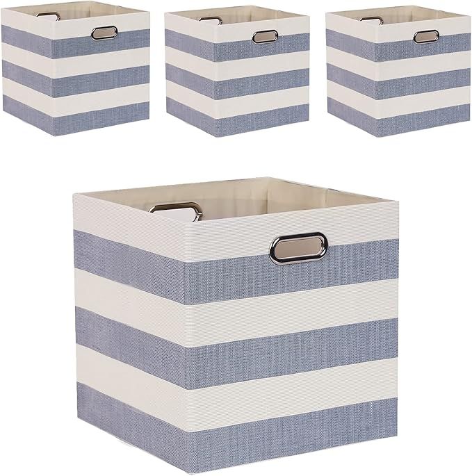 Fboxac Cube Storage Bins 13×13 Fabric Foldable Box with Handles, Collapsible Organization Basket Set of 4 Large Capacity Drawer for Closet Shelf Cabinet Bookcase Bedroom, Grey-white Stripes added by Rachel Fedorov