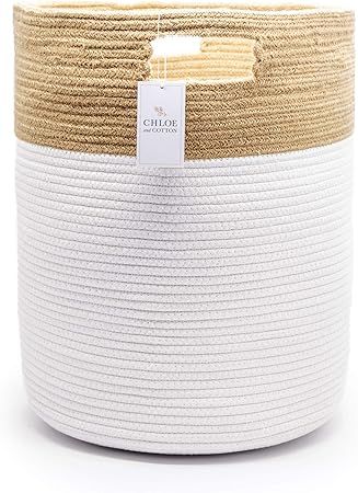 Woven Rope Storage Basket - Tall Cotton Basket 19 x 16 x 16 Inches - Jute White Laundry Basket for Blankets, Kids Toys, & Nursery Clothes - Chloe and Cotton added by Spoak Member