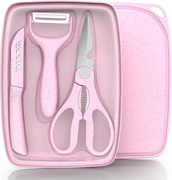 Wheat Straw Kitchen 5pcs Small Set, BPA Free Food Safe Wheat straw PP material, Dishwasher safe, Cutting board, Tray, Scissors, Peeler, Fruit knife, Travel set, Camping set, Picnic, Dormitory, Pink added by Nomadic Nooks