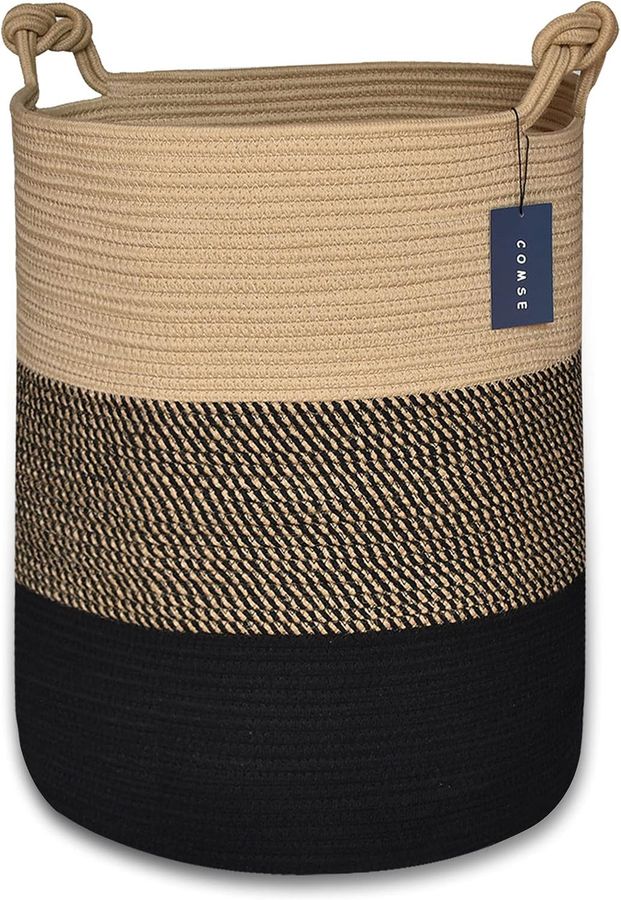 COMSE Extra Large Blanket Basket, High Storage Basket, Tall Rope Laundry Basket, 15.7”x 21.7”, Cotton Rope Basket, XXXL Laundry Basket, Toy Basket, Woven Basket, Clothes Baskets,Brown/Black added by Rachel Fedorov