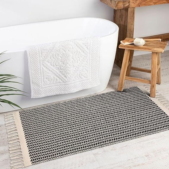 Lahome Boho Kitchen Runner, 2x4.3 Bathroom Runner Rug Lightweight Entryway Rug Woven Cotton Throw Mat with Tassels, Farmhouse Non-Shedding Washable Black Rug Low Pile Runner for Bedroom Doorway added by KATHERINE ECK