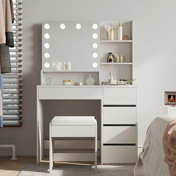 Furniouse 37" W Vanity Desk, Vanity Mirror with Lights and Table Set with 5 Drawers, Vanity Set 3 Lighting Modes Brightness Adjustable for Bedroom Studio added by Sarah Jackson