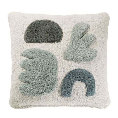 Ecru cotton cushion with green tufted shapes added by Emma Kitching