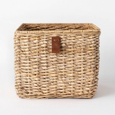 Decorative Cube Basket with Leather Pull 13&#34; x 11&#34; Natural - Threshold&#8482; designed with Studio McGee added by Jamie Stellato