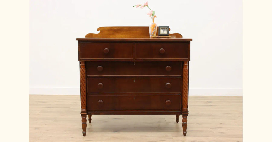 Sheraton Antique Mahogany Farmhouse Chest or Dresser, Spiral Columns #42578 added by Serena Finnerty