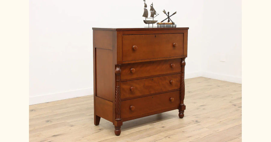 Sheraton Antique Cherry Four Drawer Dresser or Chest, Spiral Columns #43755 added by Serena Finnerty