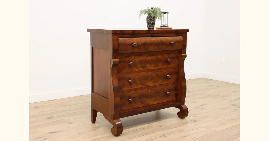 Empire Antique 1840s Flame Grain Mahogany Chest of Drawers or Dresser #35698 added by Serena Finnerty