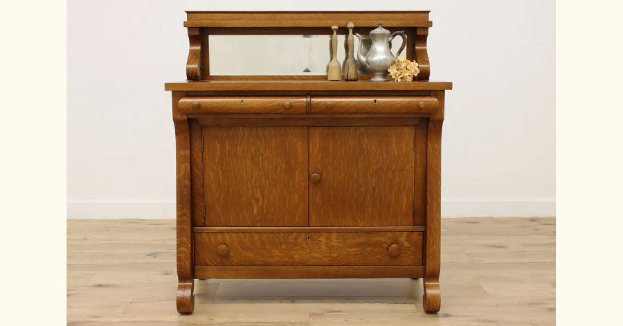 Empire Antique Oak Sideboard, Bar, or Buffet, Beveled Mirror #46227 added by Serena Finnerty